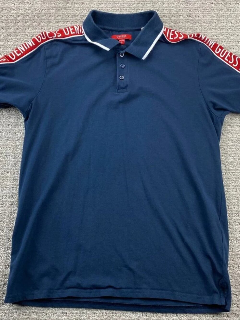 Guess Polo Shirt Men Medium M Navy Blue Spell Out Shoulder Logo